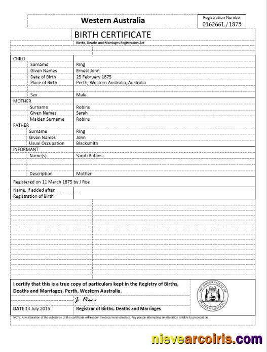 Australia Western Australia birth certificate, version 2